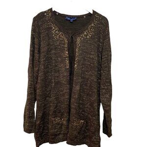 Susan Graver Cardigan Large Womens Sweater Brown Gold Metallic Knit Sequins